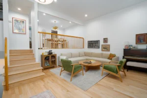 Cozy mid-century modern living room- Ground Up Builders