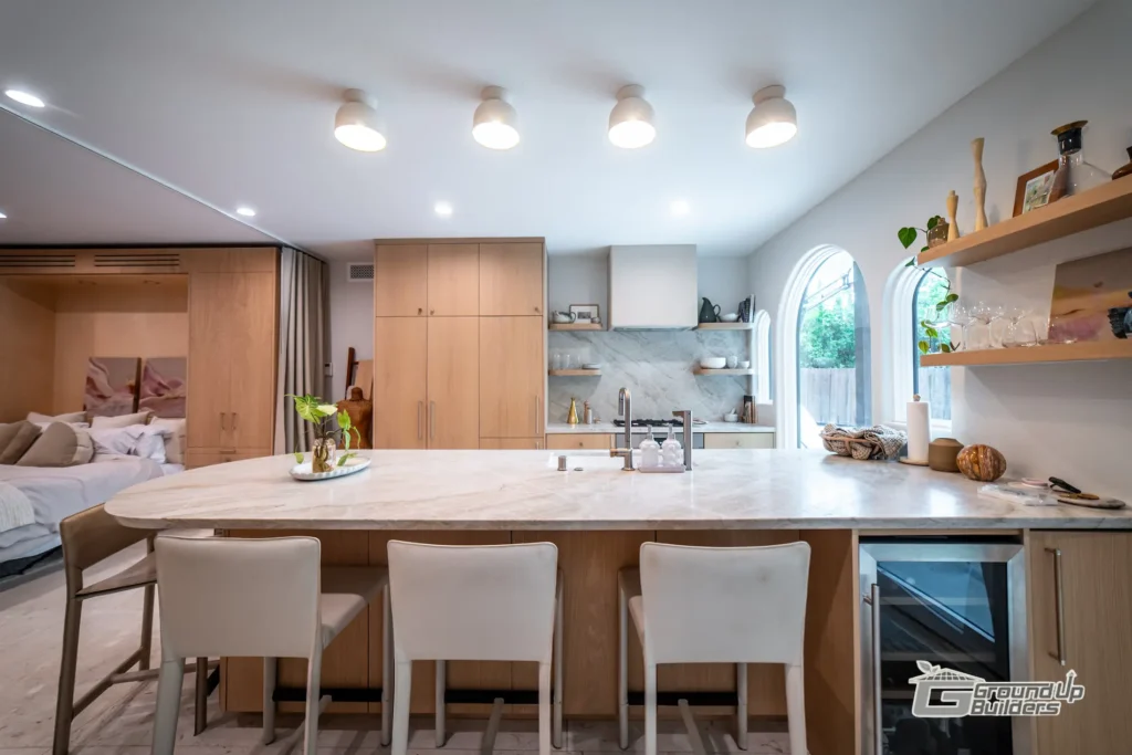 Modern ADU Kitchen Island and Living Area- Ground Up Builders