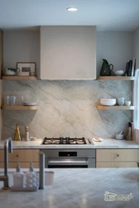 Sleek Kitchen Backsplash and Shelving- Ground Up Builders