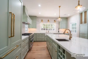 Full Kitchen View with Brass Accents and Custom Island | Ground Up Builders