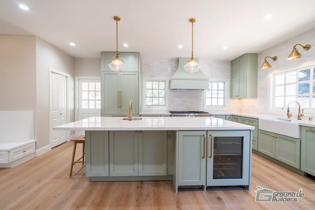 Full Kitchen Reveal with Island, Range, and Corner Bench | Ground Up Builders