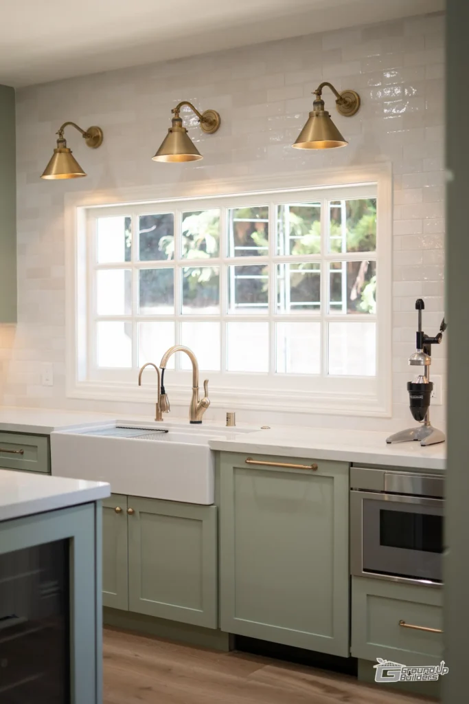 Kitchen Sink Area with Natural Light and Gold Accents | Ground Up Builders