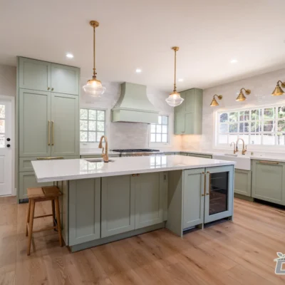 Wide-Angle Kitchen View with Center Island and Brass Accents | Ground Up Builders