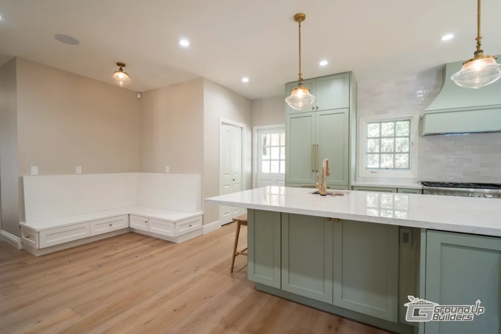 Full View of Kitchen with Island and Corner Bench | Ground Up Builders