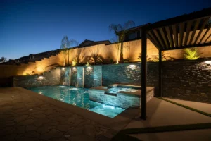 Pool and Spa with Waterfalls and Pergola in Fontana, CA | Ground Up Builders