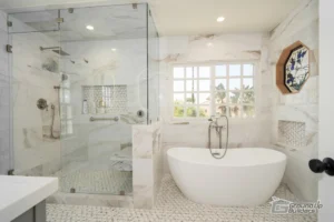 Spa-Inspired Bathroom with Soaking Tub and Marble Shower | Ground Up Builders