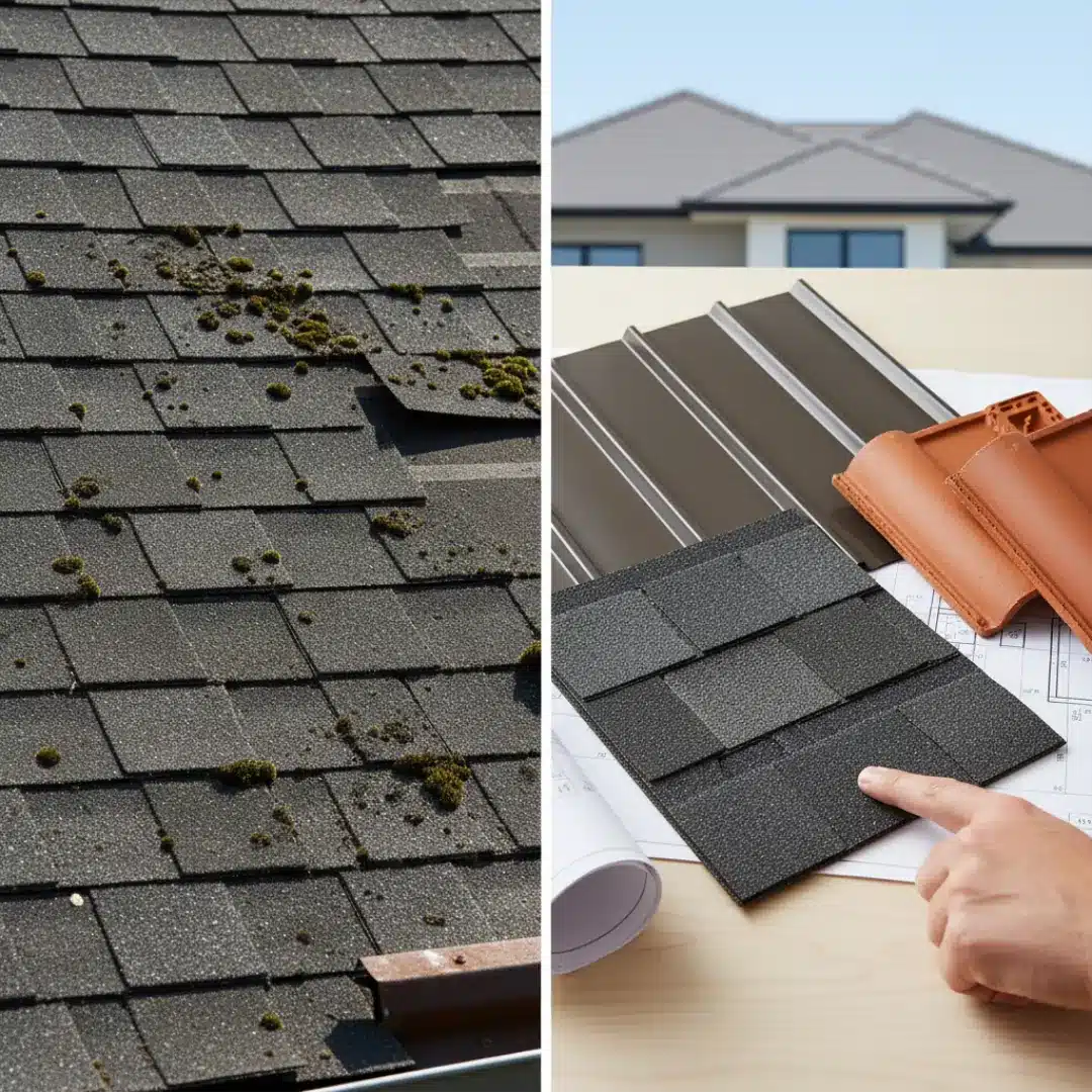 Split-image photograph. The left side of the image displays a close-up section of an old, deteriorating residential roof