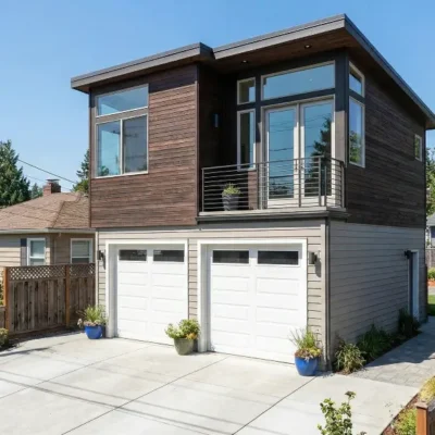 A modern, boxy two-story detached structure.