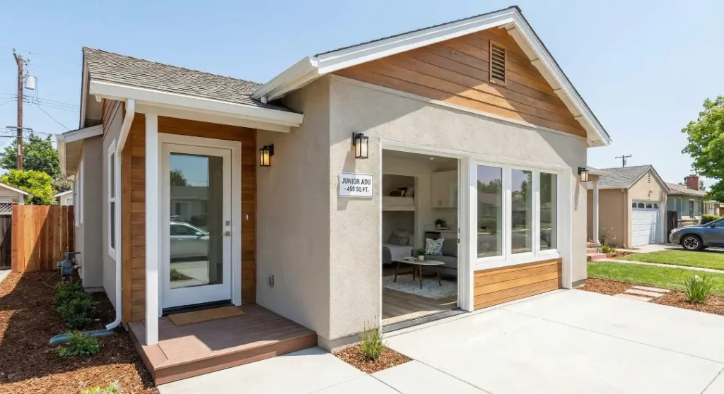 A traditional bungalow-style small house featuring beige stucco, white trim, and a wood-slatted gable accent, with a glass door opening into a furnished living space.