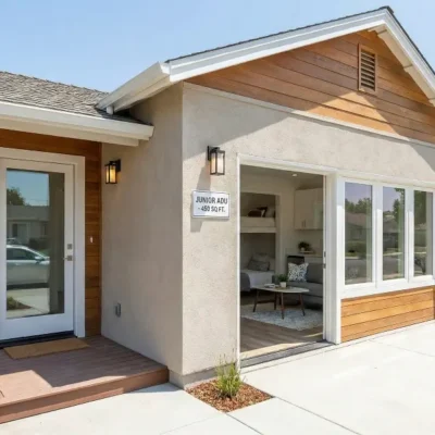 A traditional bungalow-style small house featuring beige stucco, white trim, and a wood-slatted gable accent, with a glass door opening into a furnished living space.