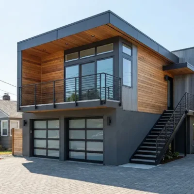 A sleek, contemporary dwelling unit featuring high-contrast design.