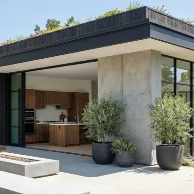 An open-concept modern dwelling with dark exterior cladding and floor-to-ceiling glass walls that retract completely, merging the indoor kitchen with an outdoor patio and concrete fire pit.