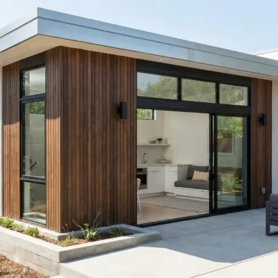 A modern two-tone kitchen with a large black waterfall island accompanied by brown leather stools, set against a back wall of wood-framed glass cabinets and white lower drawers.