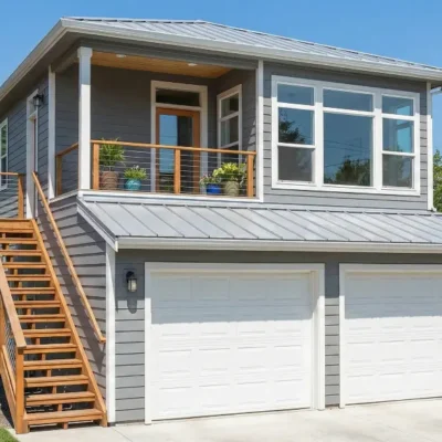 A two-story carriage house or accessory dwelling unit (ADU) featuring traditional grey horizontal siding.