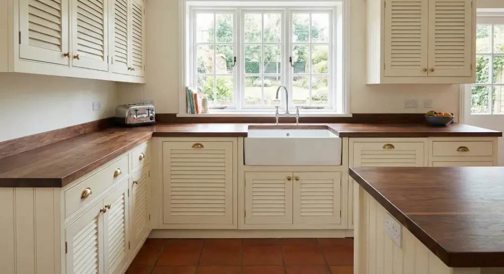 Traditional cream-colored louvered cabinets paired with dark wood countertops and a white farmhouse sink.