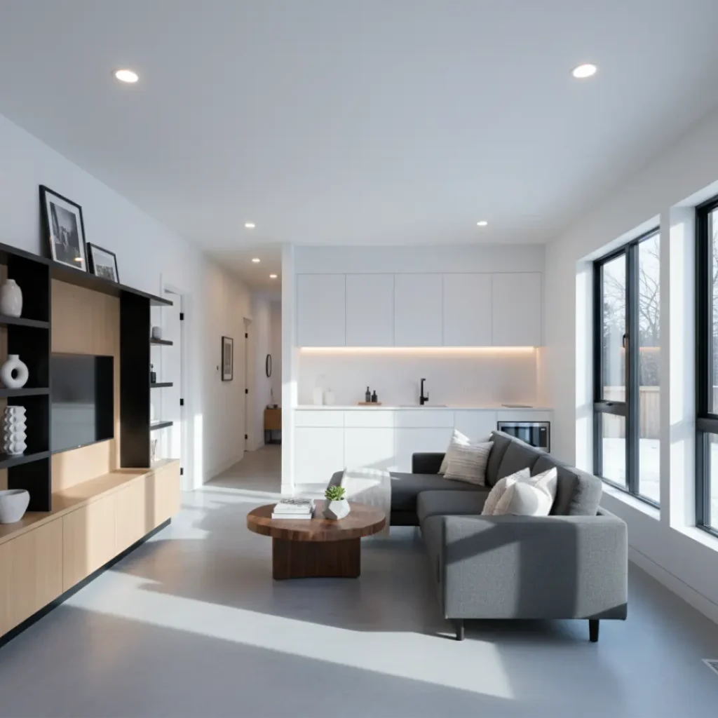 Modern internal ADU featuring white cabinetry, recessed lighting, and a smooth architectural flow between the kitchen and living room.