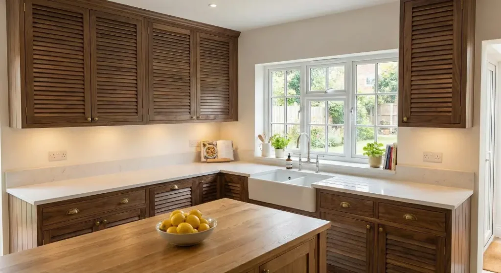 Dark walnut wood louvered cabinets with gold hardware and bright white quartz countertops.