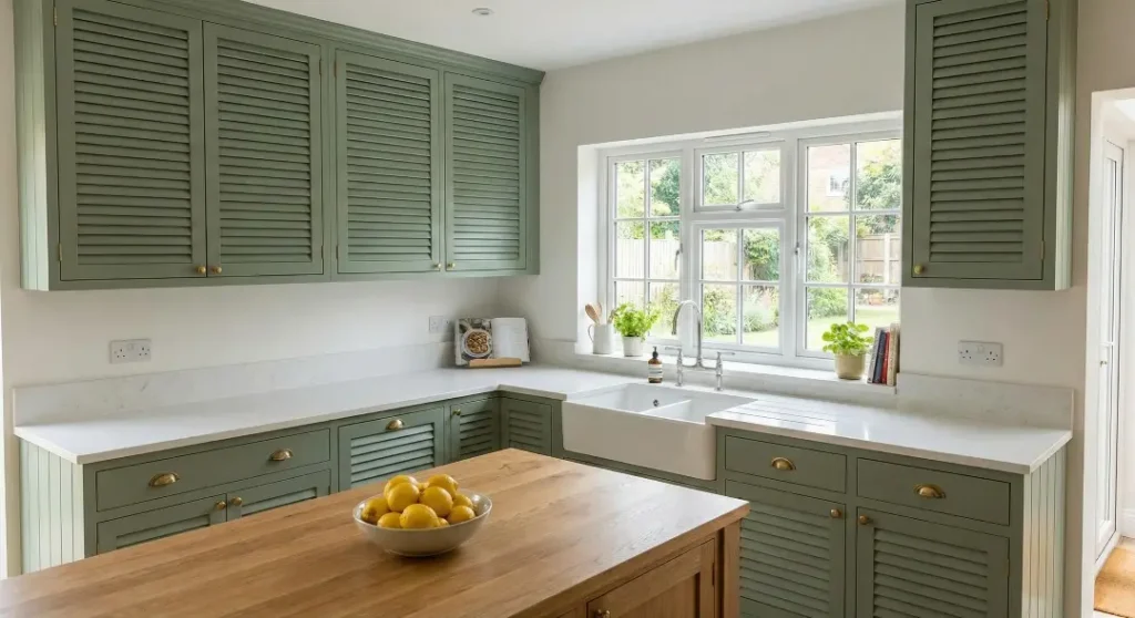 A cozy kitchen featuring sage green louvered cabinets, white countertops, and a central wooden island with a bowl of lemons.