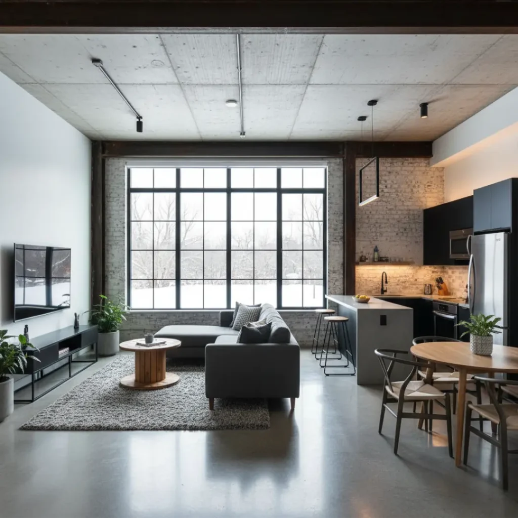Spacious basement ADU conversion featuring polished concrete floors, large factory-style windows, and a full modern kitchen.