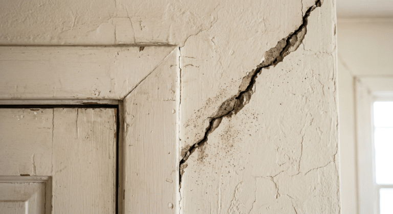 a diagonal crack running from the corner of a doorway