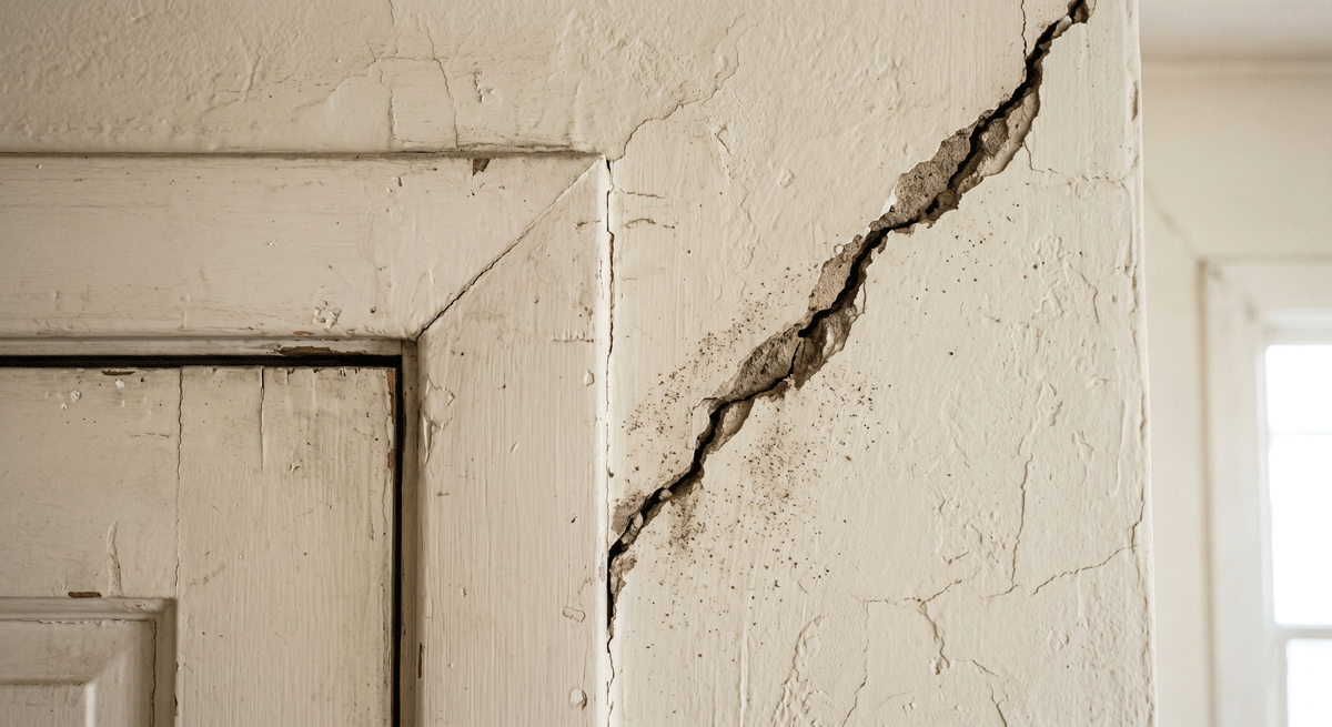 a diagonal crack running from the corner of a doorway