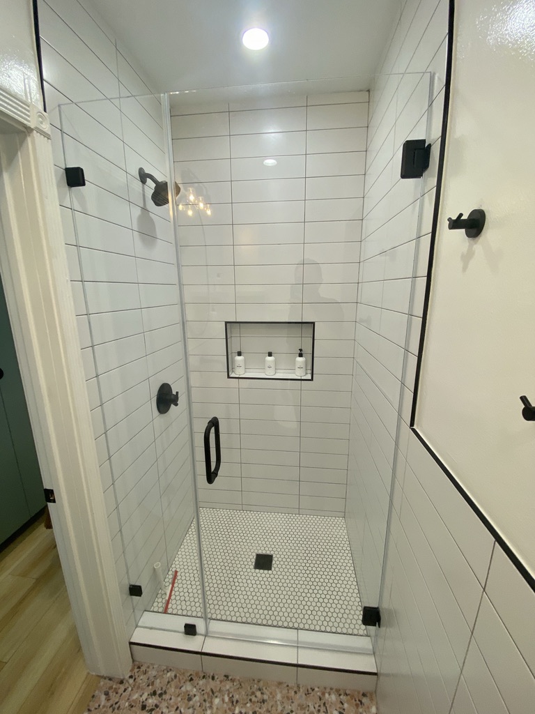 Walk-in shower after in a bathroom remodel project in Baldwin Hills, Los Angeles