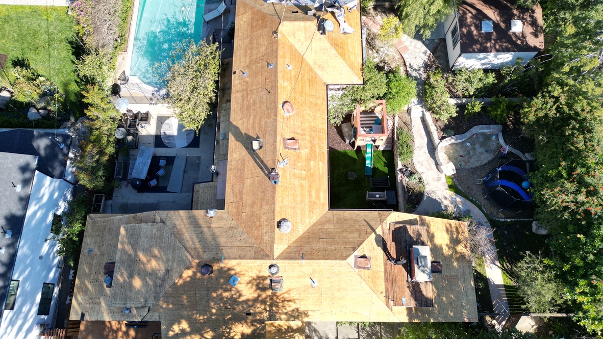 Aerial view of a roof during a roof replacement project in La Crescenta.