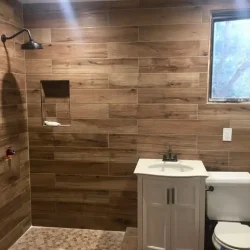 Modern Bathroom Remodel with Wood-like tiles- Ground Up Builders