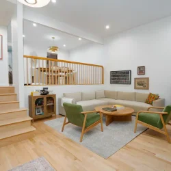 Cozy mid-century modern living room- Ground Up Builders