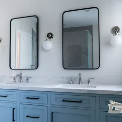 Elegant Blue Vanity Bathroom- Ground Up Builders